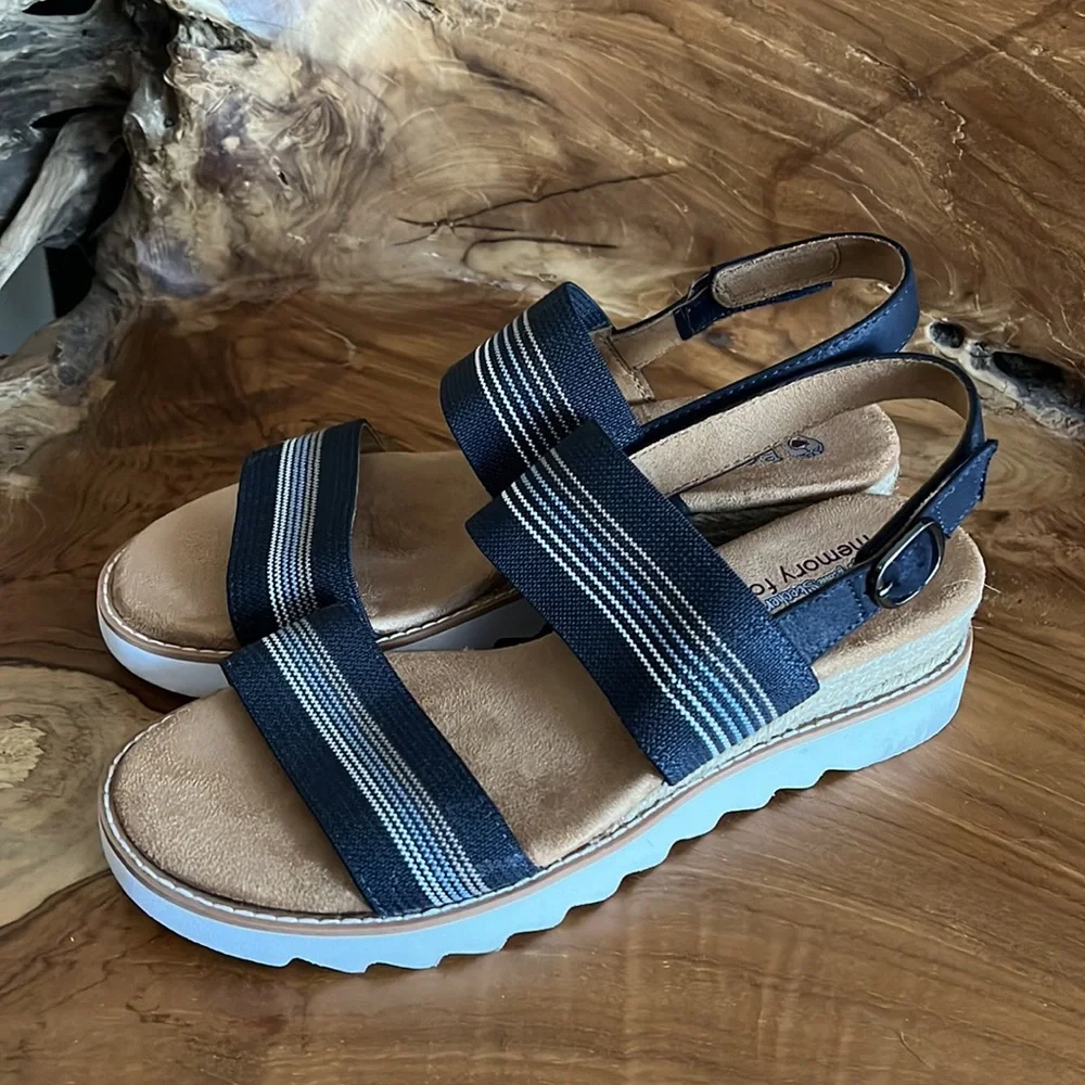 BOBS from Skechers Navy and White Striped Wedge Sandals